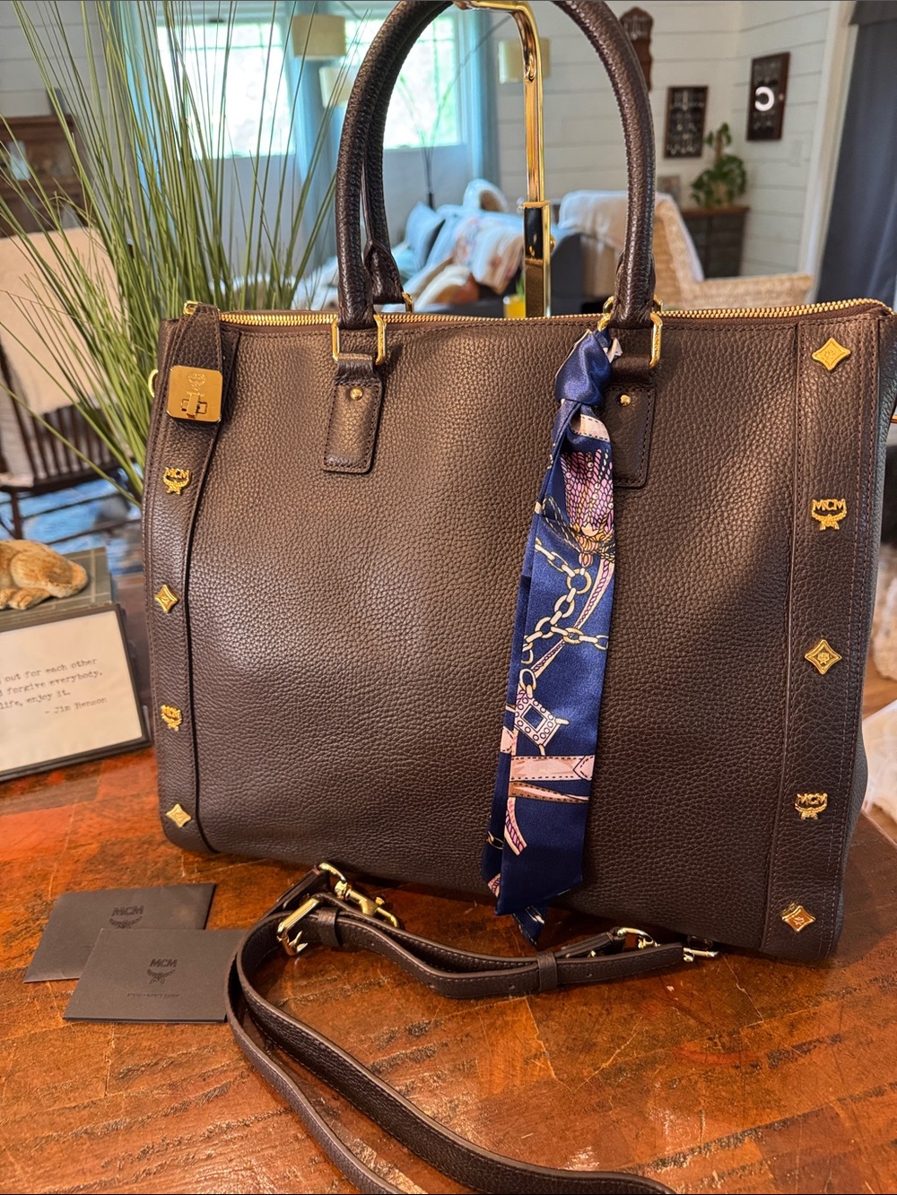 🩵MCM Dark Brown Pebbled Leather Tote with Gold Studs and Navy Scarf
